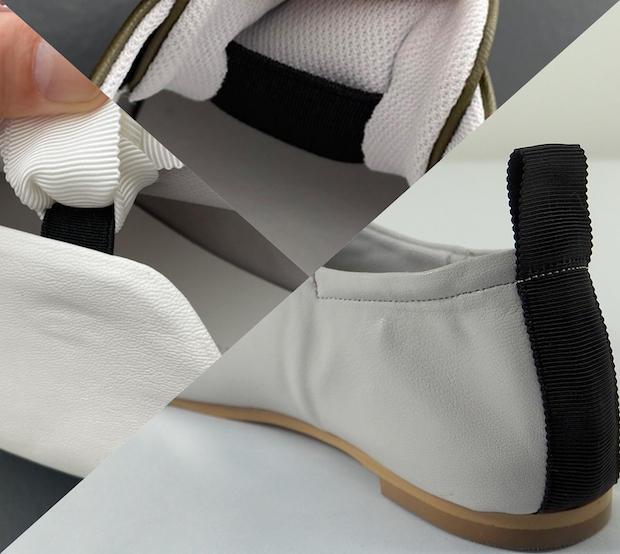 靴ひもの無い着脱の簡単な構造とかかとのシャーリングで微妙な足のサイズ感の違いにも対応できるデザインにしたラウンドトゥのフラットソールの日本製・神戸生まれのサステナブルシューズ・パンプスです