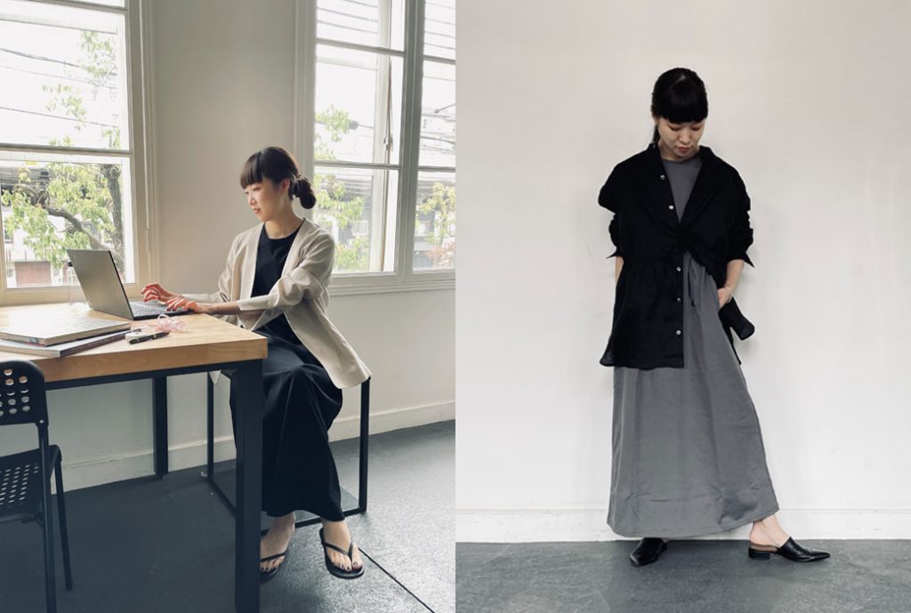 2021年春夏ENTO(エント)左は楽ちんなバックスリットが可愛いワンピースを着たリモートワークコーディネート。右はバックスリットワンピースにリネンシャツを合わせたコーディネート。