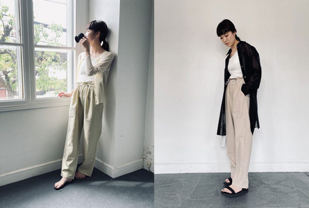 2021年春夏ENTO(エント)左は履き心地のいいウエストゴムパンツに楽ちんなトップス合わせでお家コーディネートに。右はシアーシャツに羽織りかえたちょっとおでかけコーディネート。