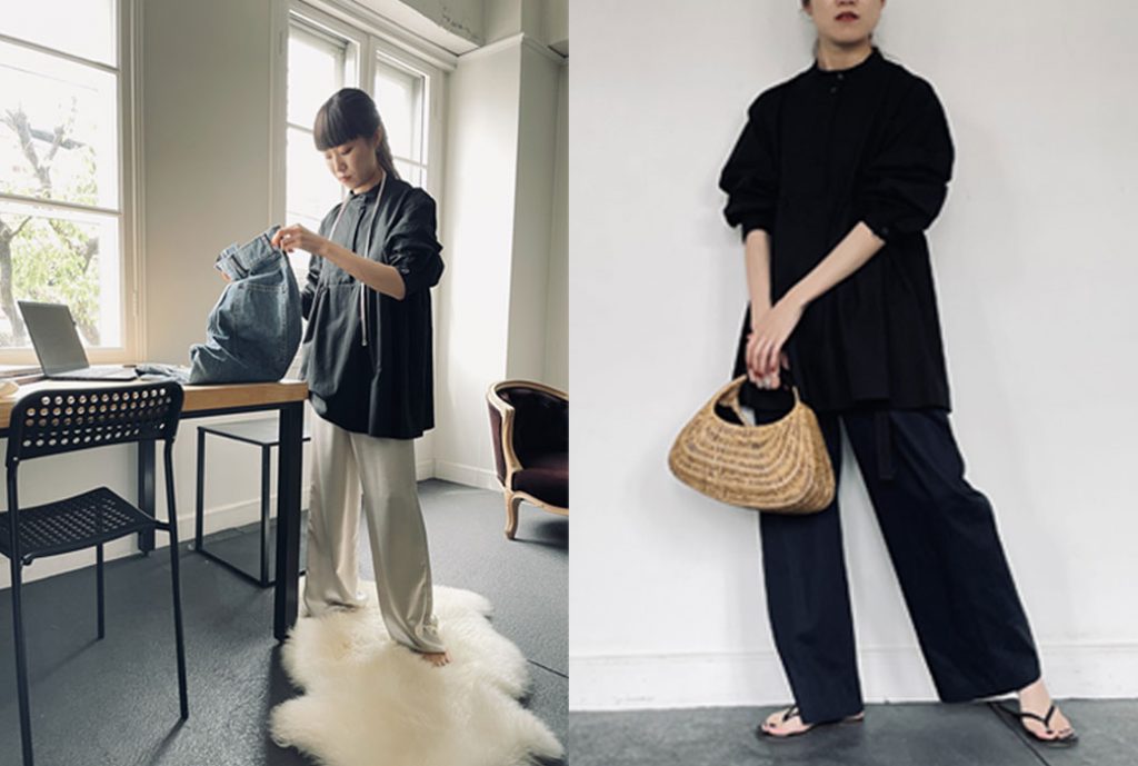 2021年春夏ENTO(エント)左はサテンパンツとブラウスを合わせたリモートワークコーディネート。右は綿麻タックパンツを合わせたちょっとおでかけコーディネート。