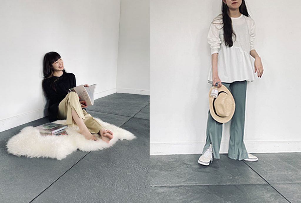 2021年春夏ENTO(エント)左はペプラムロンTブラックのトップスにボトムスはイエローからのリブカットパンツの楽ちんお家コーディネート。右はホワイトカラートップスにボトムスをモスグリーンを合わせたお出かけコーディネート。