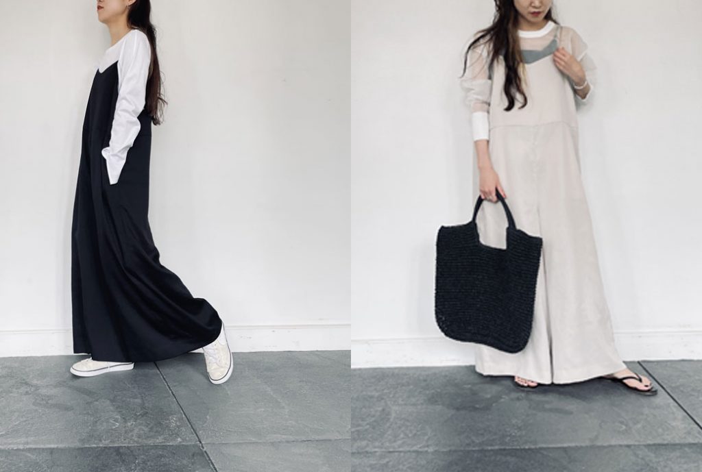 2021年春夏ENTO(エント)左はホワイトストップブラックカラーのキャミサロペットを合わせたお家コーディネート。左はメッシュニットプルオーバーにベージュキャミサロペットを合わせたちょっとそこまでのおでかけコーディネート。
