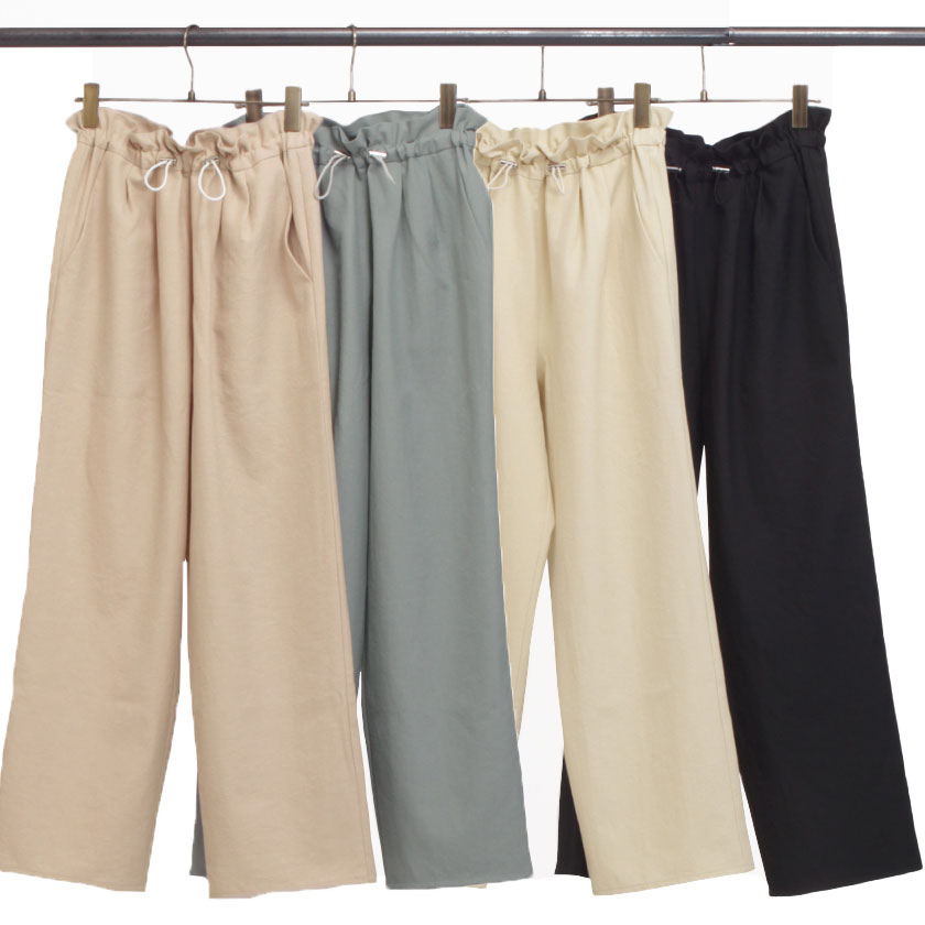 2021年春夏ENTO(エント)スピンドルパンツはベージュ・モスグリーン・イエロー・ブラックの4色展開。ウエストはゴムで穿き後心地よく楽ちんスタイルに。