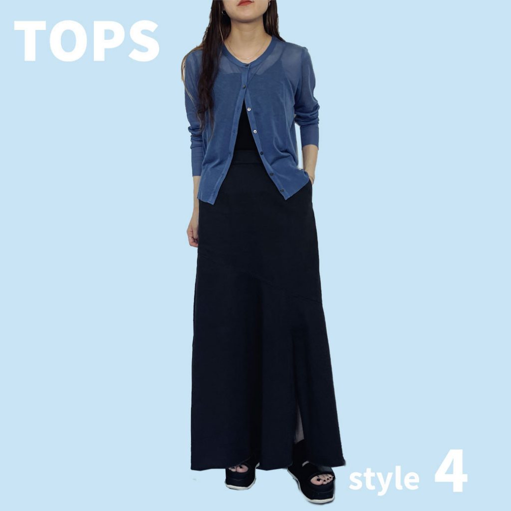 キャミとデニムスカートはオールブラック合わせで、ビビットなブルーカーディガンをアクセントに取り入れたコーデ。テンセルカーディガンは、程よい透け感があるのでコーデに馴染みやすく、派手になりすぎず取り入れやすいビビットブルー。