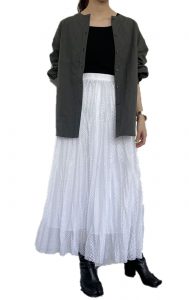 ENTO(エント)レディースアパレル通販サイト2021年秋冬コレクション、メンズライクなシャツジャケットも、メッシュ素材のスカートでレディライクも取り入れて◎