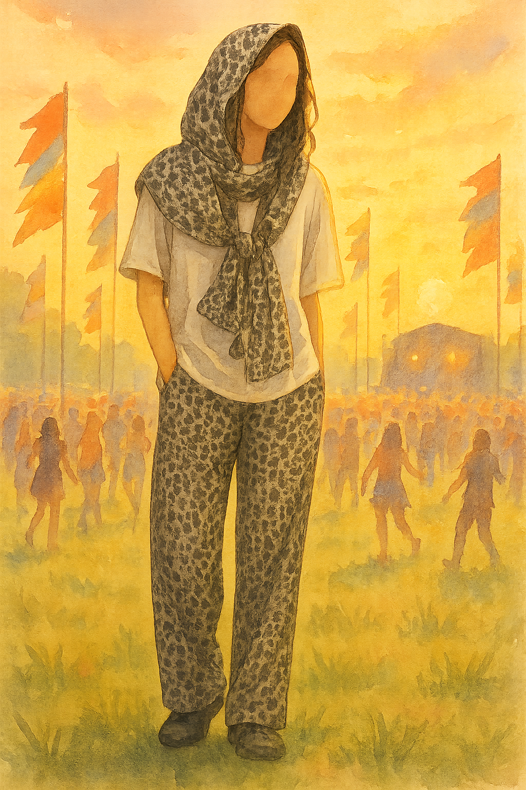 日中のフェスでのペラクスパンツとボーホーストールの着用イメージ