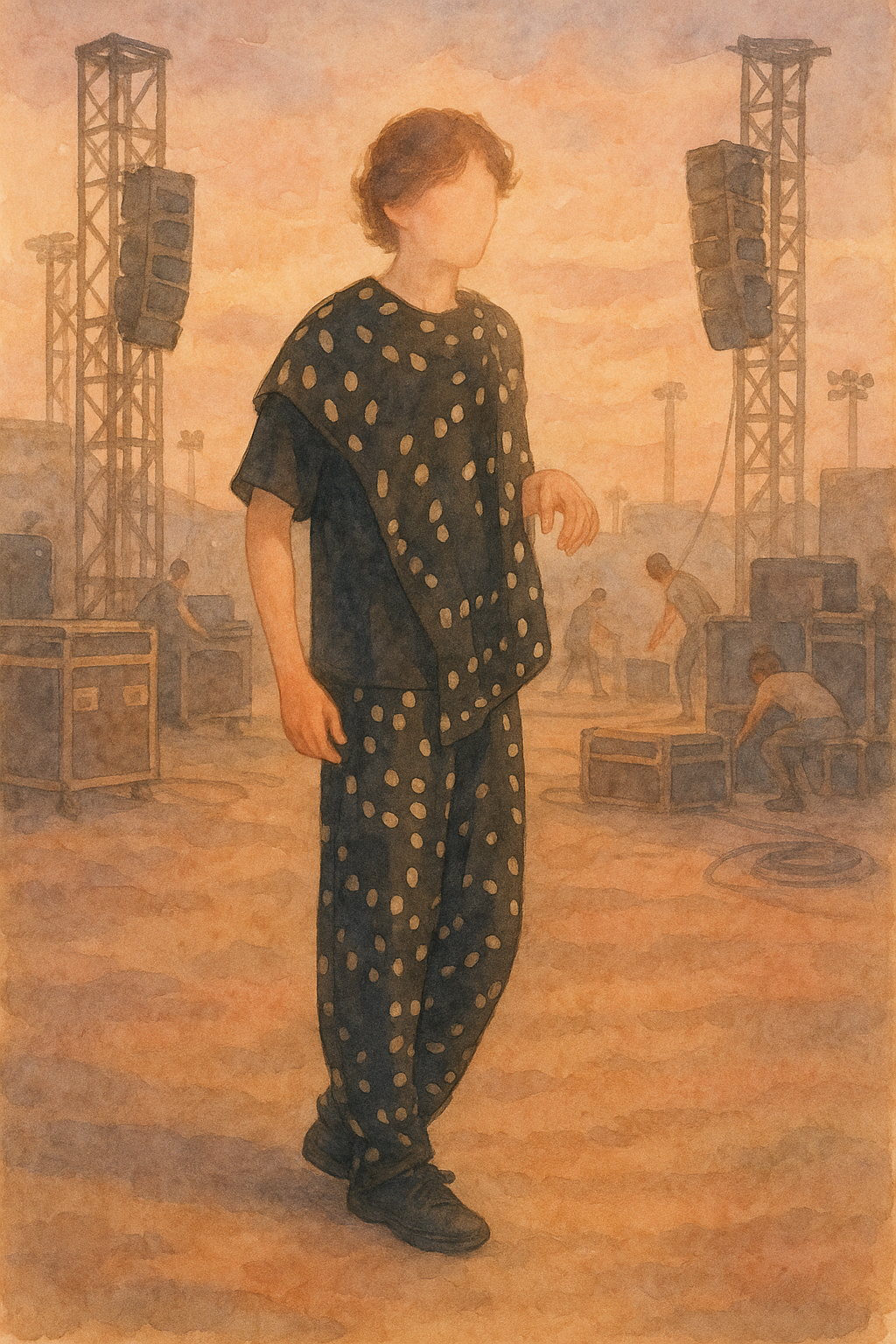 夕方のフェスでゆったりとしたスタイルを楽しむ女性