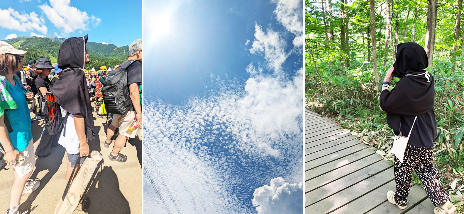 フェス会場でボーホーストールを日射し除けに羽織ったコーデ