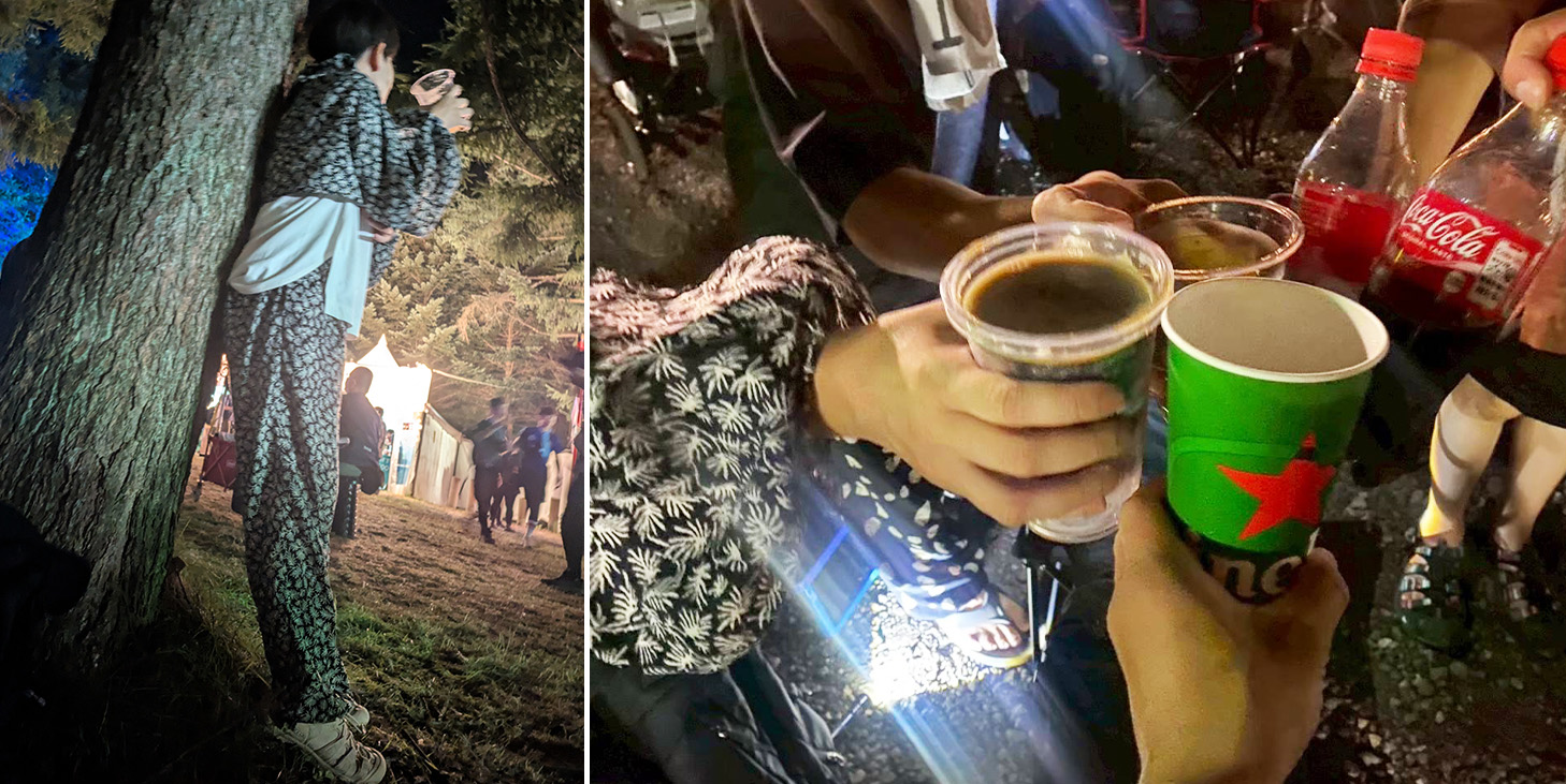 前夜祭を楽しむボーホーストールのフェスコーデ