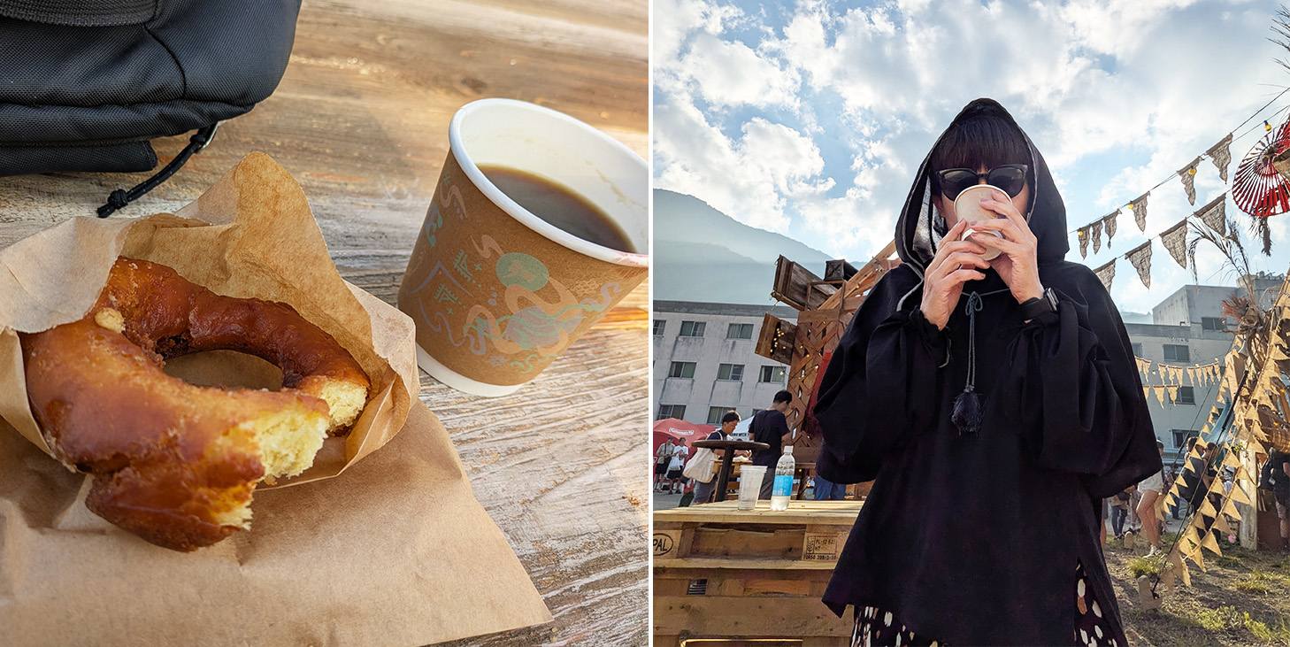 日差しの強い野外フェスでフードをかぶったボーホーストール