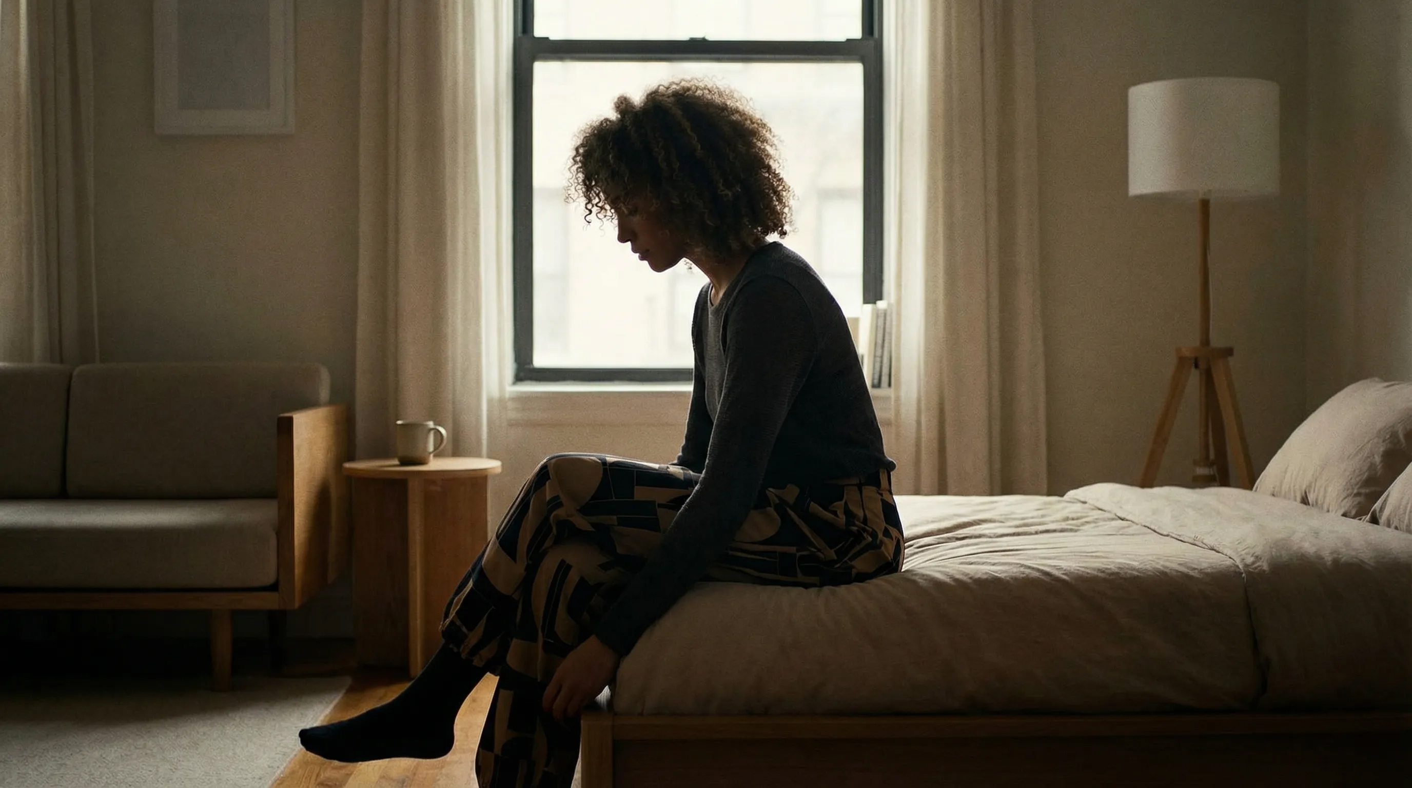 黒レギンス＋靴下＋レッグウォーマーを重ねた足元のクローズアップ。肌が出ない。文字なし。