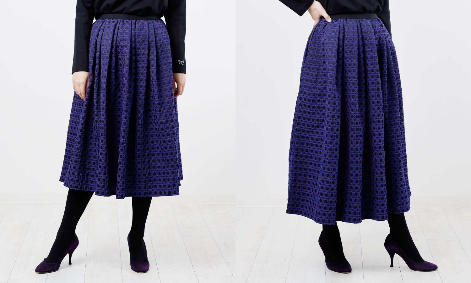 膝下のミモレ丈とマキシ丈で大人っぽく着られる神戸・山の手ドットモチーフスカート