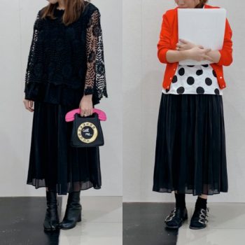 光沢のある神戸・山の手ブラックカラーシャイニーギャザースカートロング丈と秋の着回しコーディネート。デイリー使いから秋のイベントハロウィンも使える万能スカート。