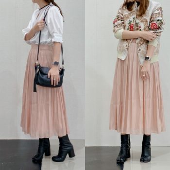 光沢のある神戸・山の手シャイニーライトピンクカラーギャザースカートロング丈。ホワイトトップスや柄のトップスとブーツを合わせた秋のコーディネート。