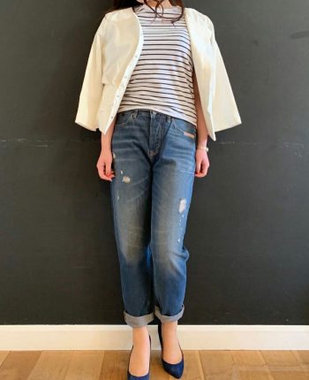 神戸・山の手ベージュカラーリボンジャケットとカジュアルインナーを合わせたカジュアルコーデ。七五三後の着回しコーディネートスタイル。