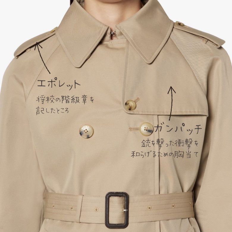 伝統的なトレンチコートには軍服だったころのなごりがあちこちに残っていて、今ではデザインの一部として取り入れられています。