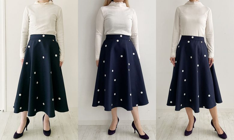 フレアロングスカートの155cm、159cm、165cmの身長丈比べ