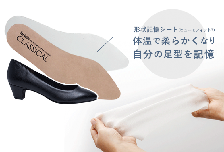 体温でゆっくりと自分の足裏の形に沿うヒューモフィット(R)の特性をさらに生かした、ファルファーレ独自のインソール仕様。
