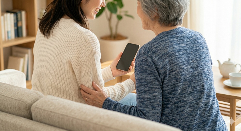 母の日に靴を贈るために「今、靴に対してどんな悩みを持っているか」を話している母娘の様子。