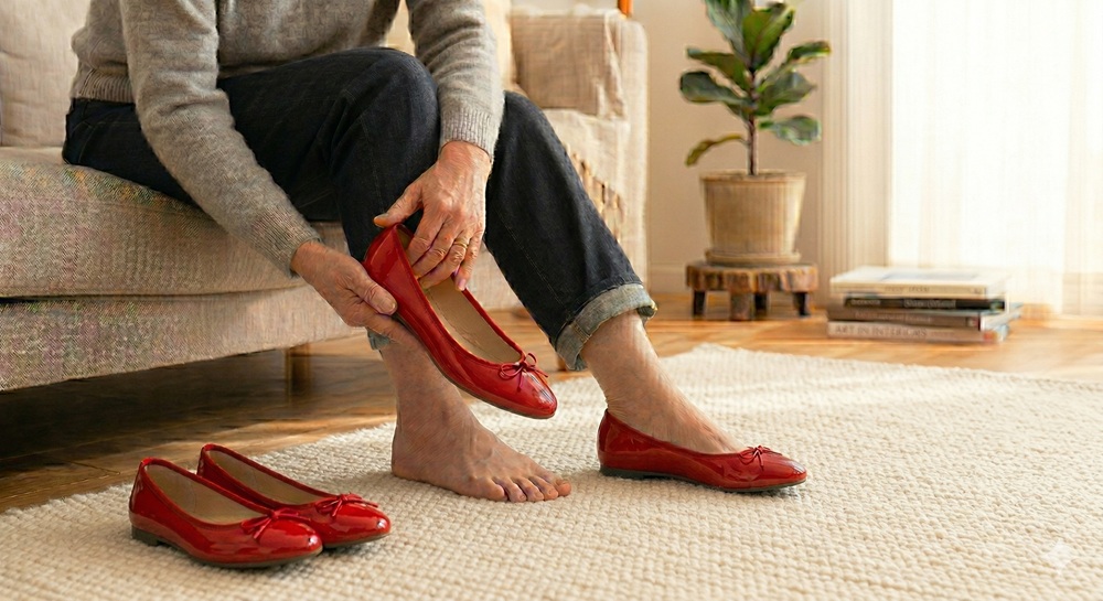 娘からプレゼントで届いた赤いバレエシューズを自宅で試着している様子。