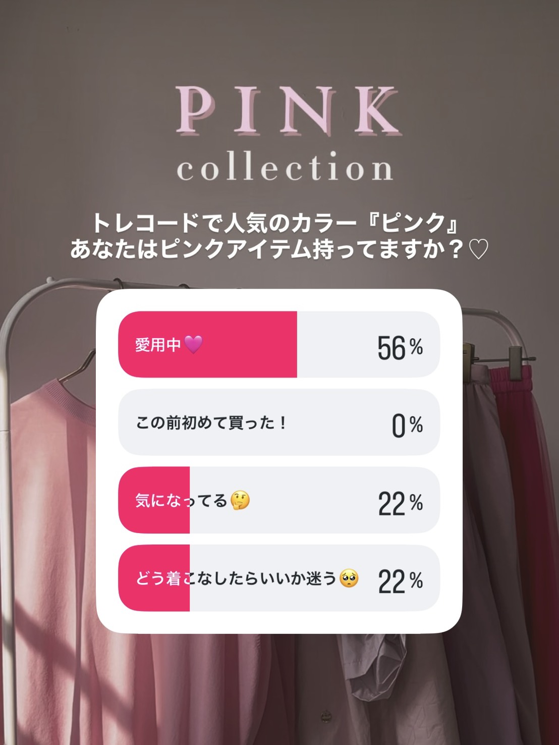 TRECODEで長年人気を集めているカラー「ピンク」



先日Instagramでアンケートを実施したところ、「ピンクを愛用している」という方が約半数。一方で、「気になっているけれど着こなし方が分からない」「挑戦してみたいけれど似合うか不安」という方も同じくらいいらっしゃいました。